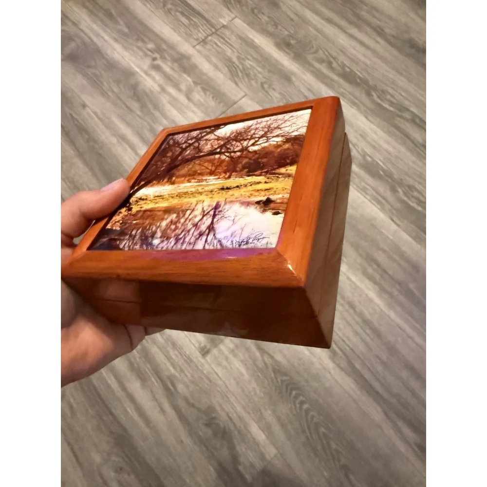 Nature Scenic Themed Wooden Lacquered Coaster Box Matching Set Of 4 Coasters